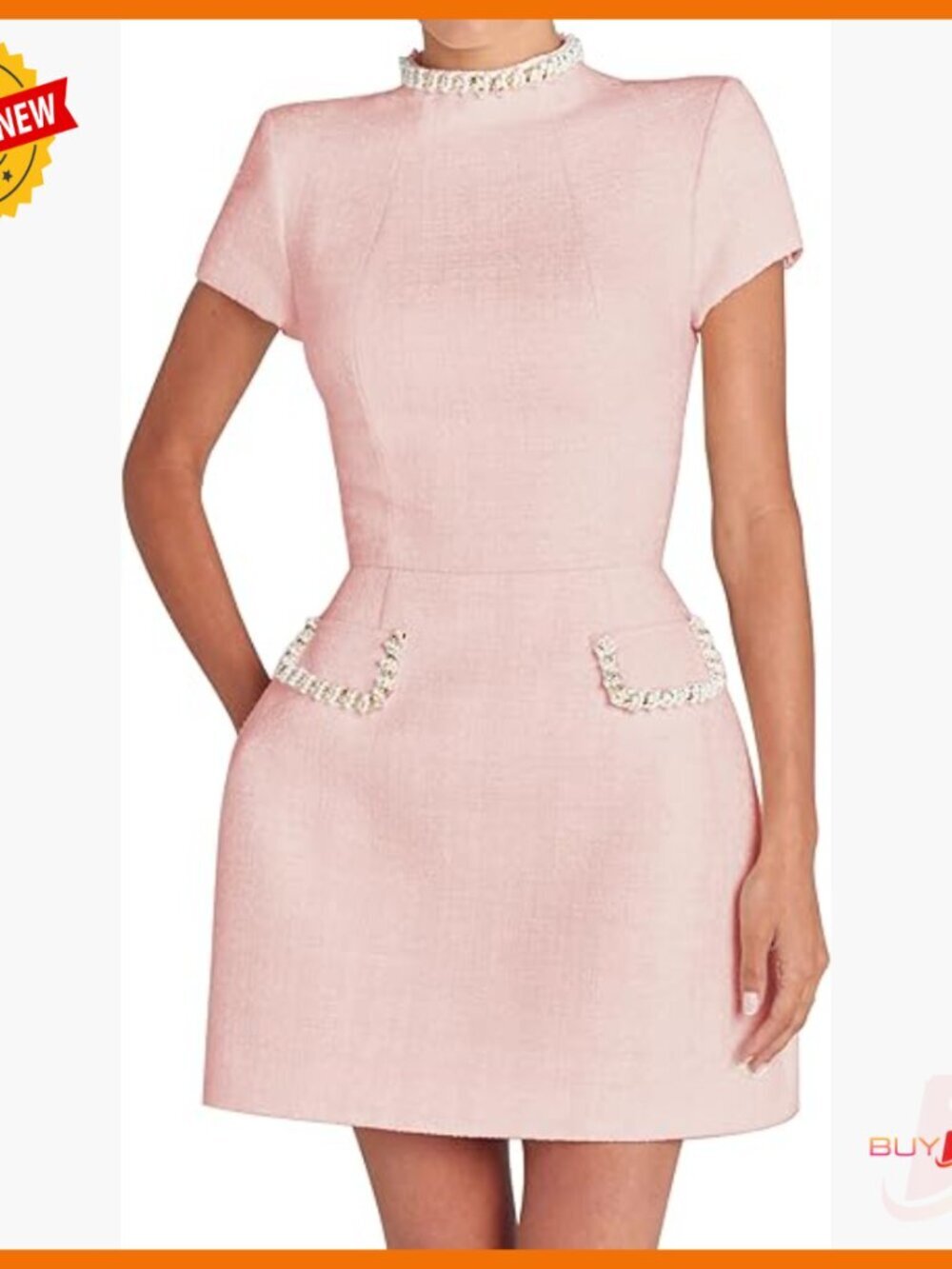 Short Sleeve High Neck Mini Dress with Pearl Trim Tweed Bodycon